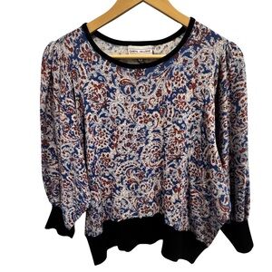 Caryn Vallone Women’s Small Paisley 3/4 Puff Sleeve Contrast Trim Top NWT
